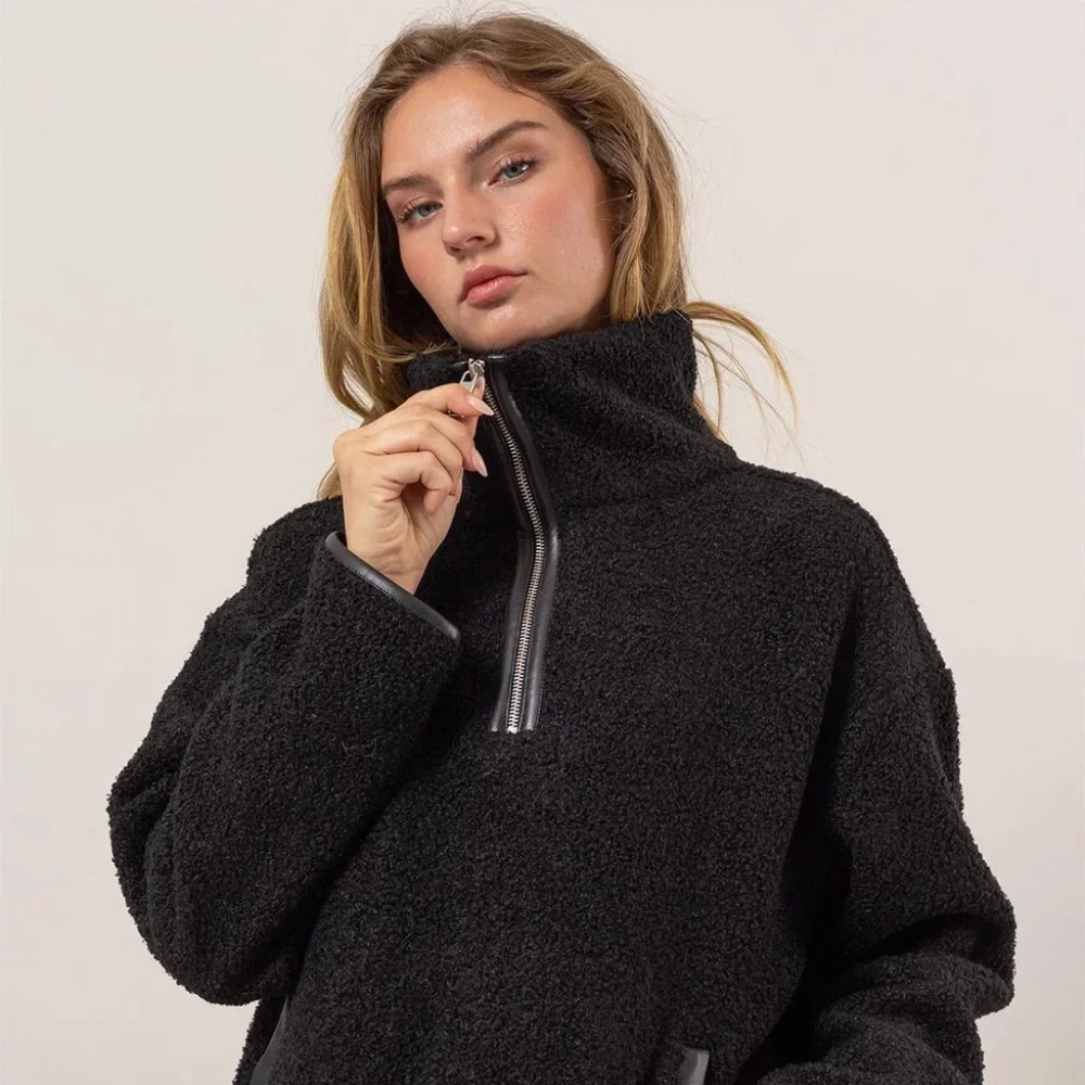 Black Oversized Sherpa Teddy Fleece Quarter-Zip Pullover Cozy Athleisure